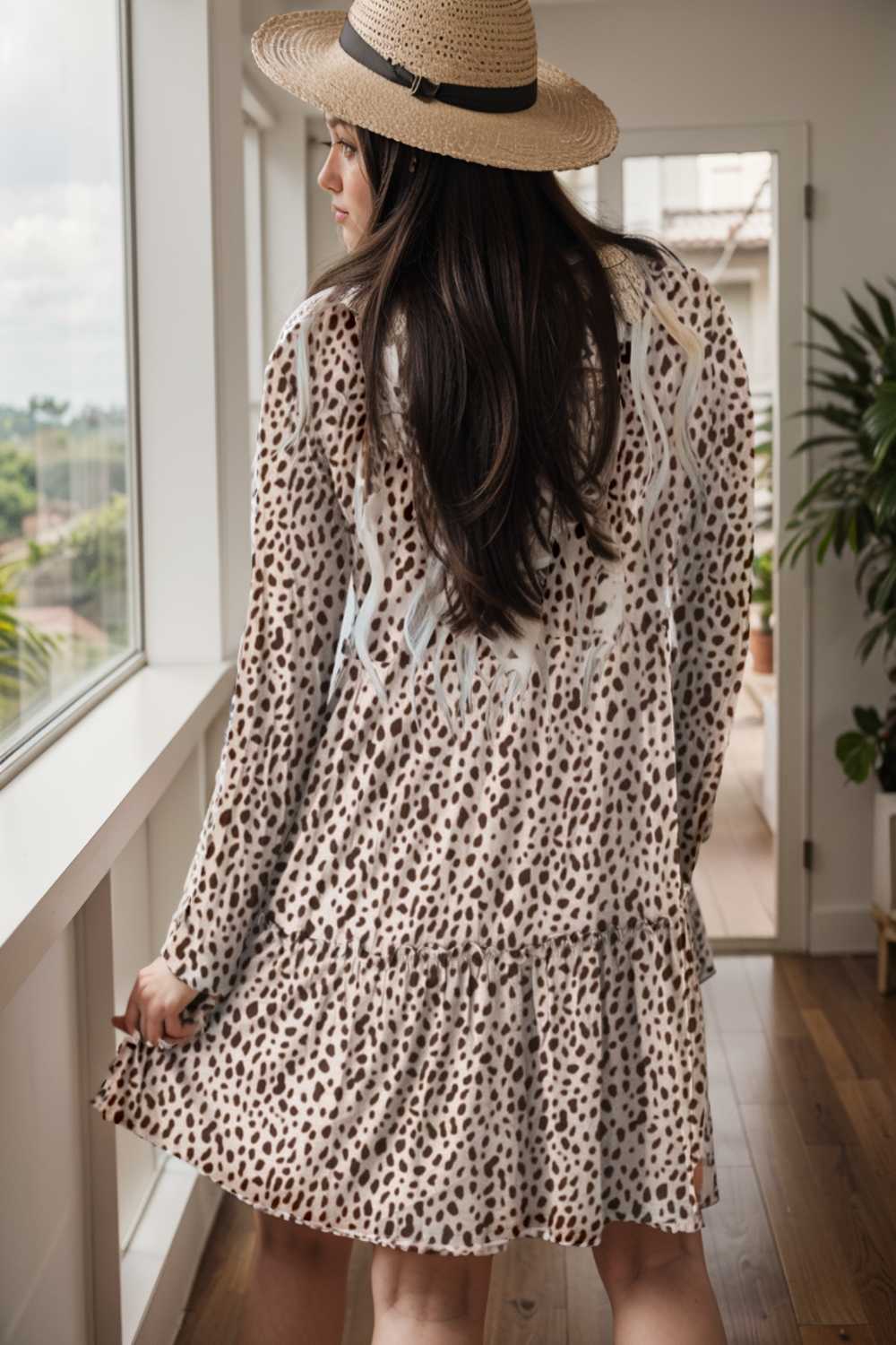 loose leopard print v neck dress drop shoulder a line closed cape paneled 129661