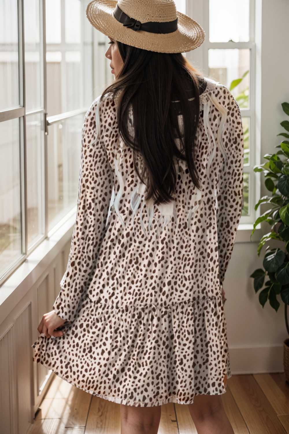 loose leopard print v neck dress drop shoulder a line closed cape paneled 127537