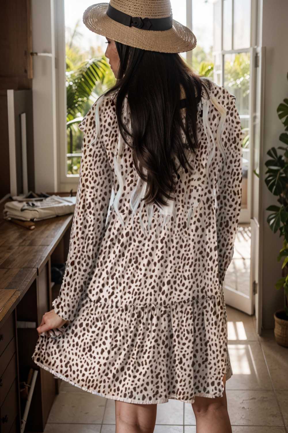 loose leopard print v neck dress drop shoulder a line closed cape paneled 135188