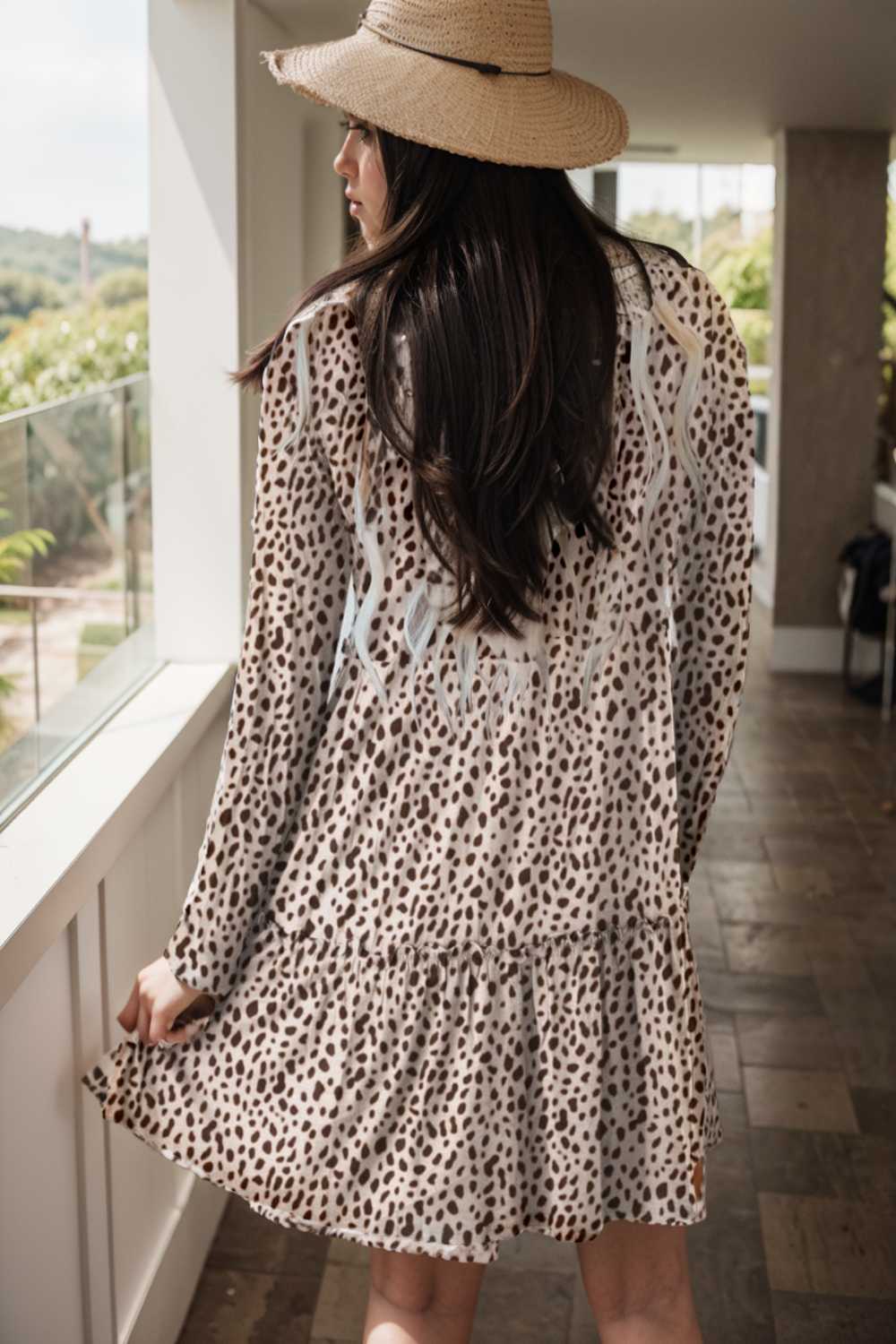 loose leopard print v neck dress drop shoulder a line closed cape paneled 115538