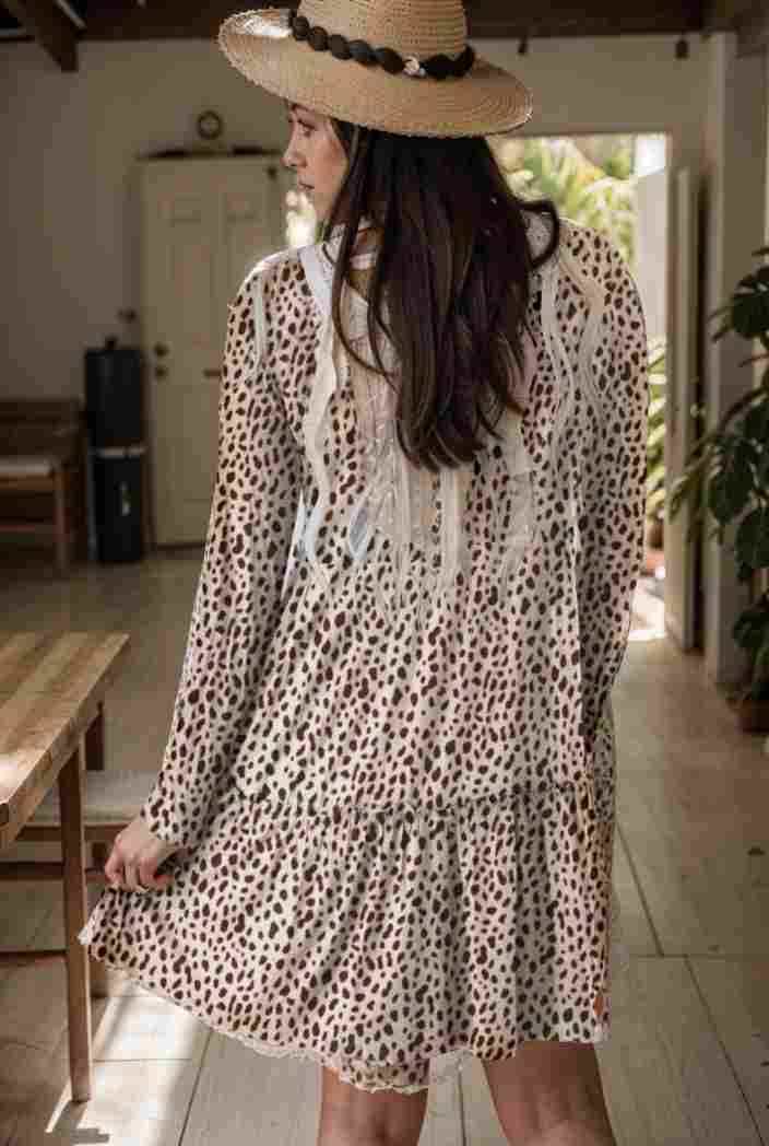 loose leopard print v neck dress drop shoulder a line closed cape paneled 131184