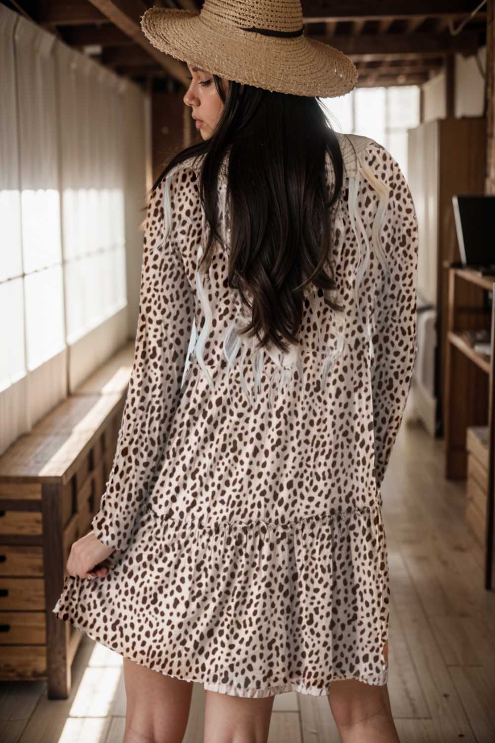loose leopard print v neck dress drop shoulder a line closed cape paneled 115537