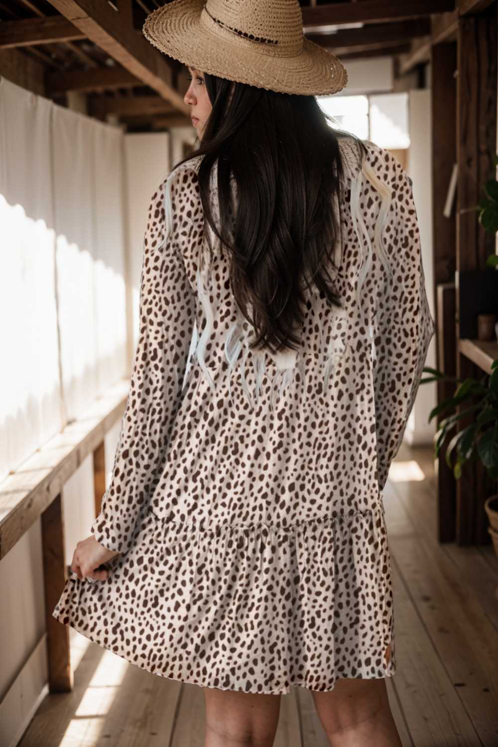 loose leopard print v neck dress drop shoulder a line closed cape paneled 133162