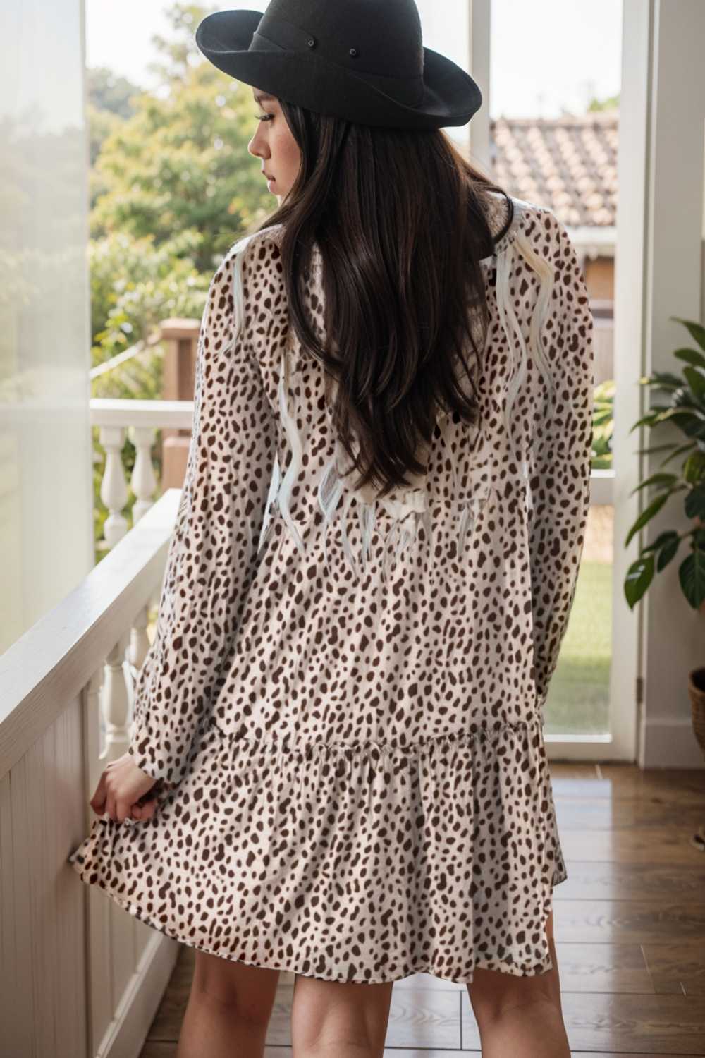 loose leopard print v neck dress drop shoulder a line closed cape paneled 127144