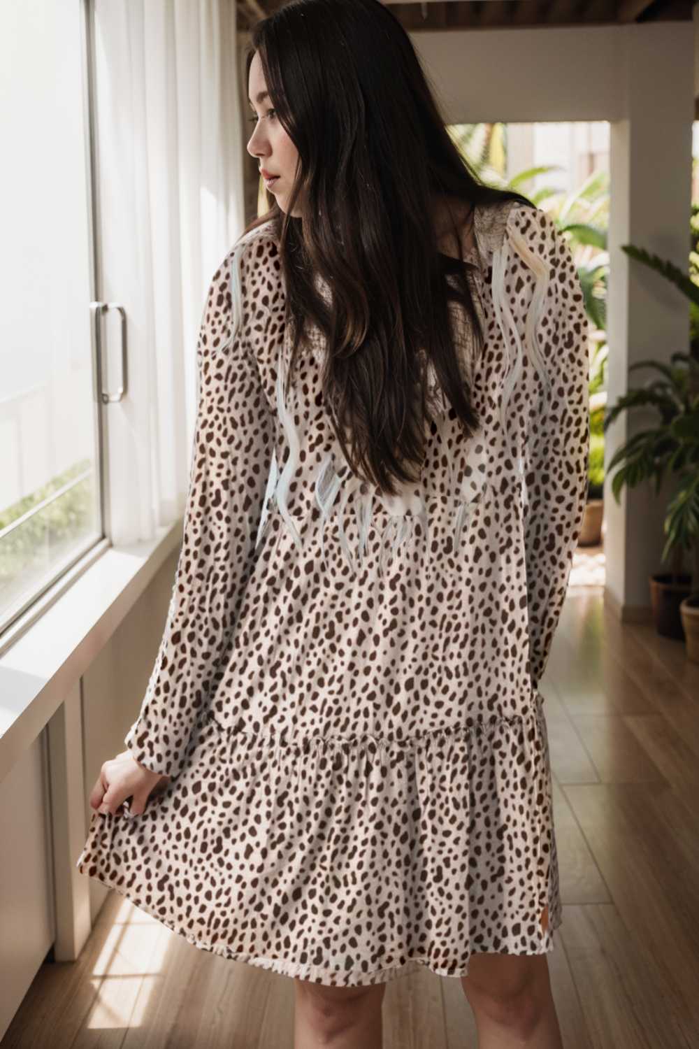loose leopard print v neck dress drop shoulder a line closed cape paneled 136569