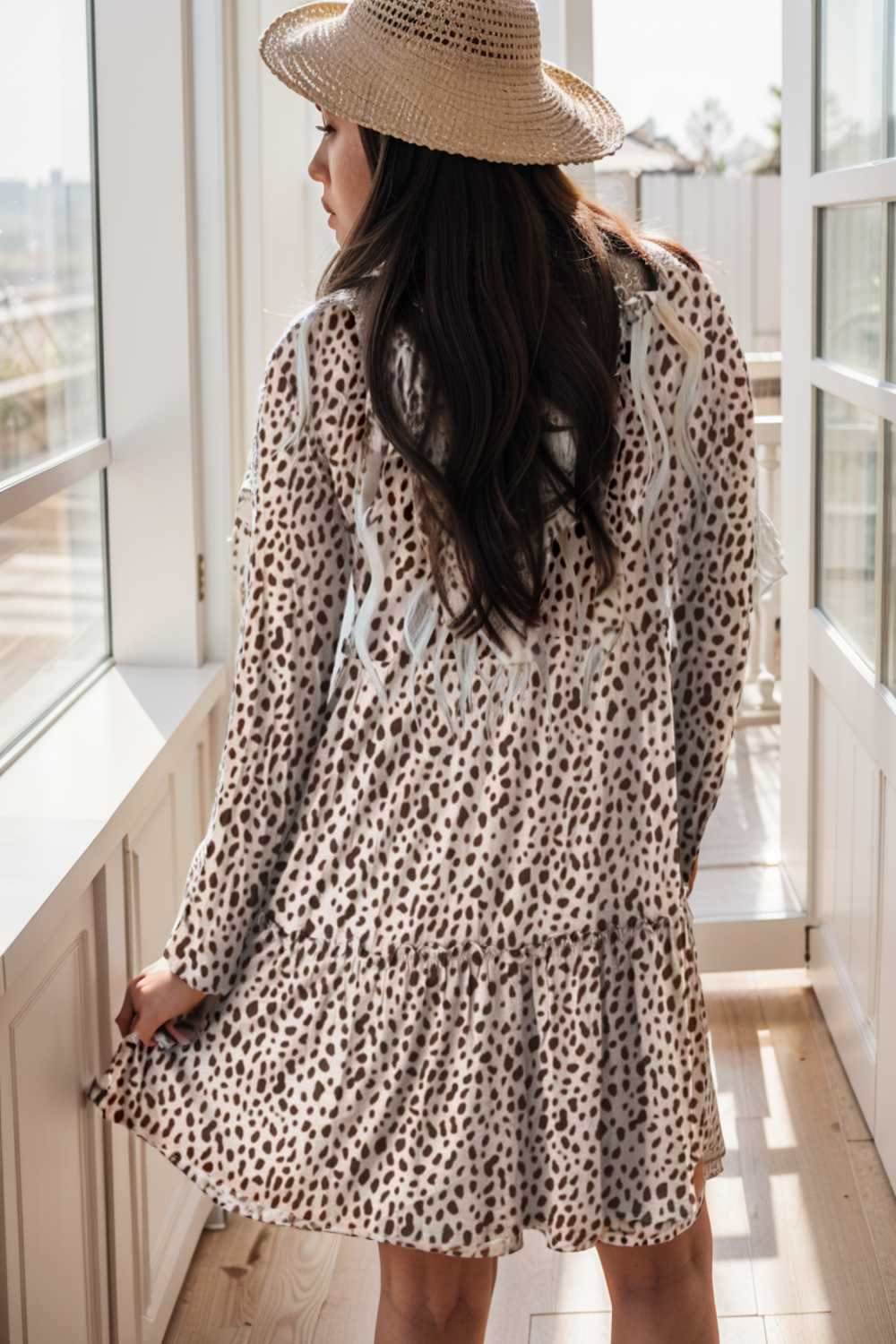 loose leopard print v neck dress drop shoulder a line closed cape paneled 127479