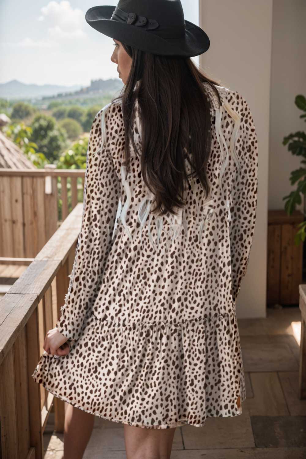 loose leopard print v neck dress drop shoulder a line closed cape paneled 127536