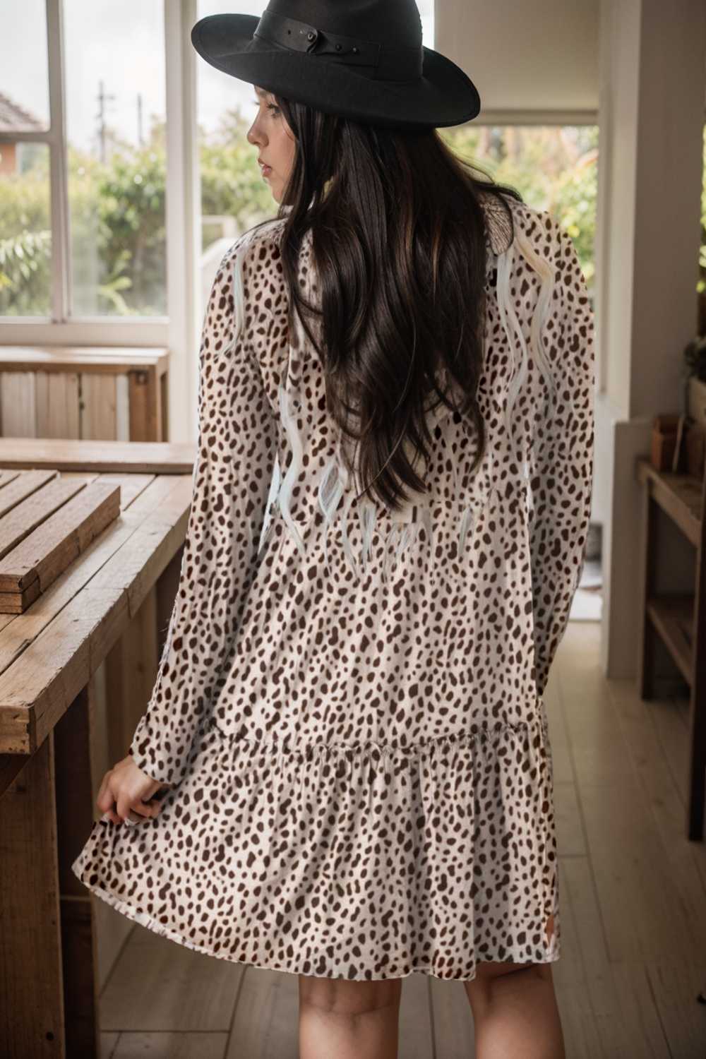loose leopard print v neck dress drop shoulder a line closed cape paneled 115536