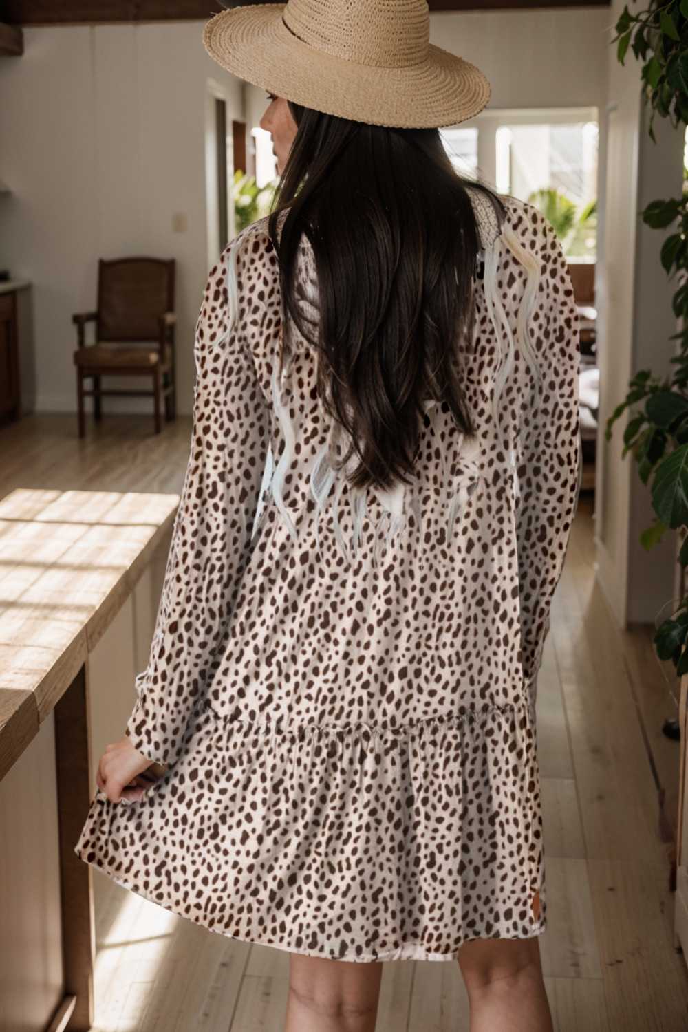 loose leopard print v neck dress drop shoulder a line closed cape paneled 127478