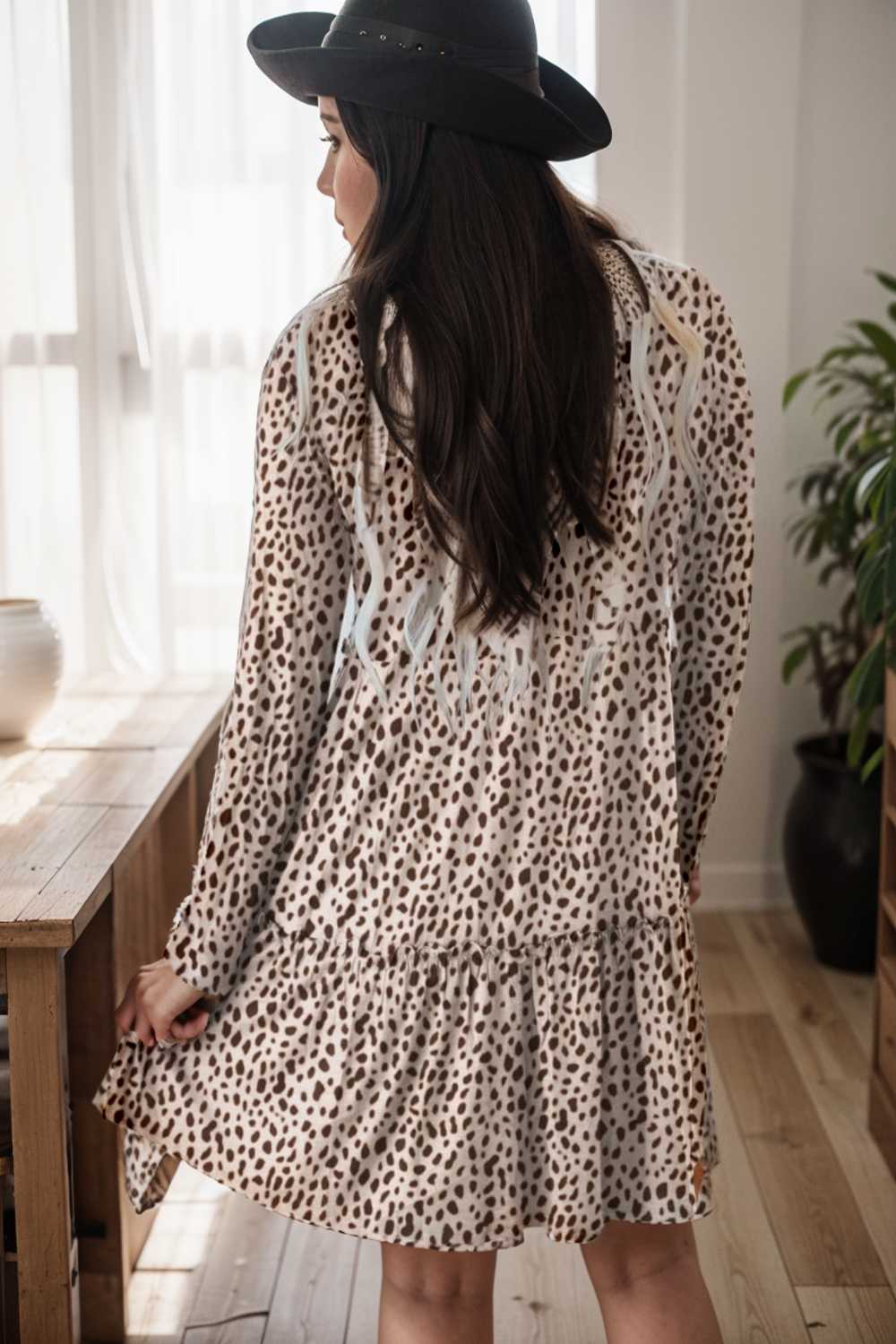 loose leopard print v neck dress drop shoulder a line closed cape paneled 127535