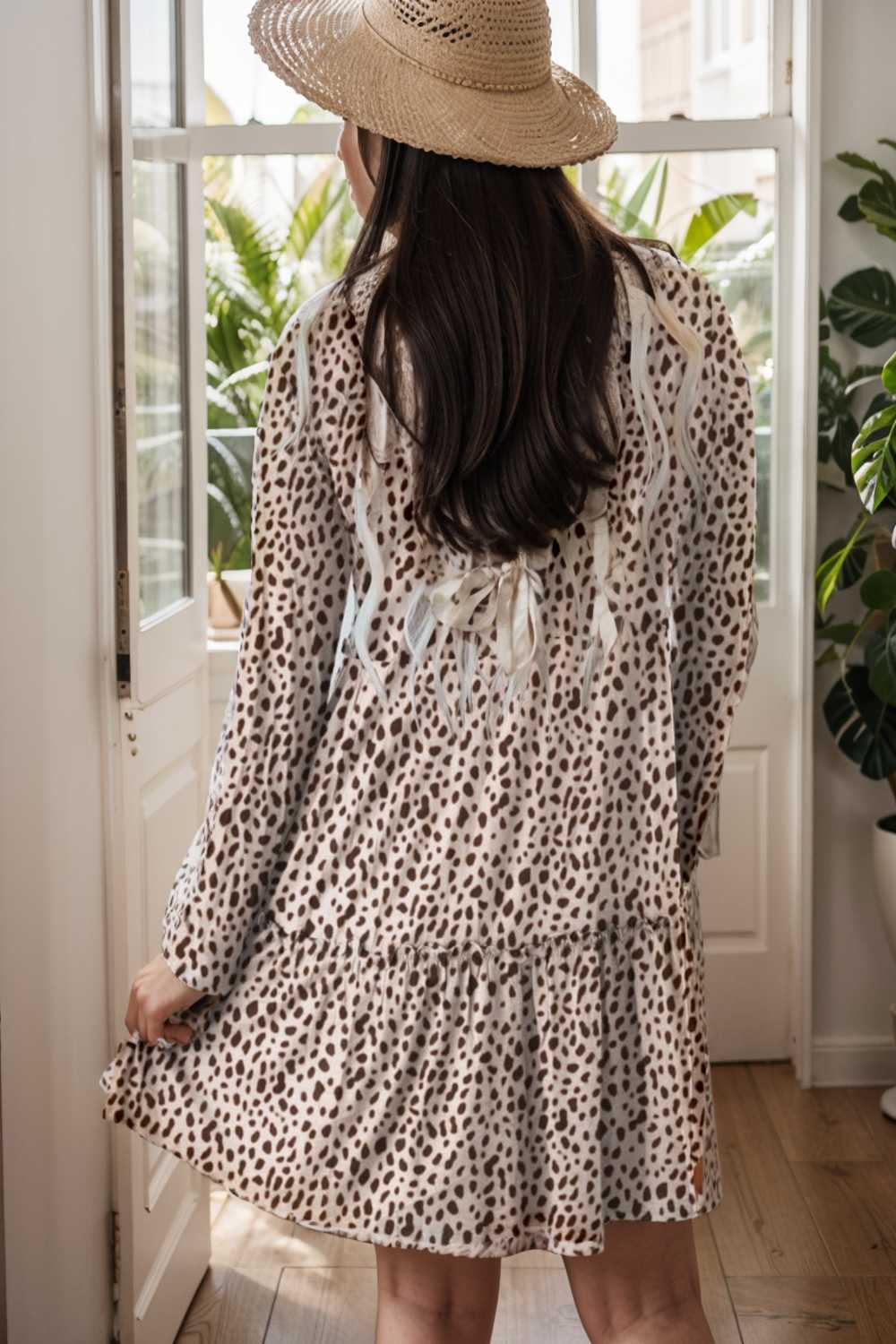 loose leopard print v neck dress drop shoulder a line closed cape paneled 127143