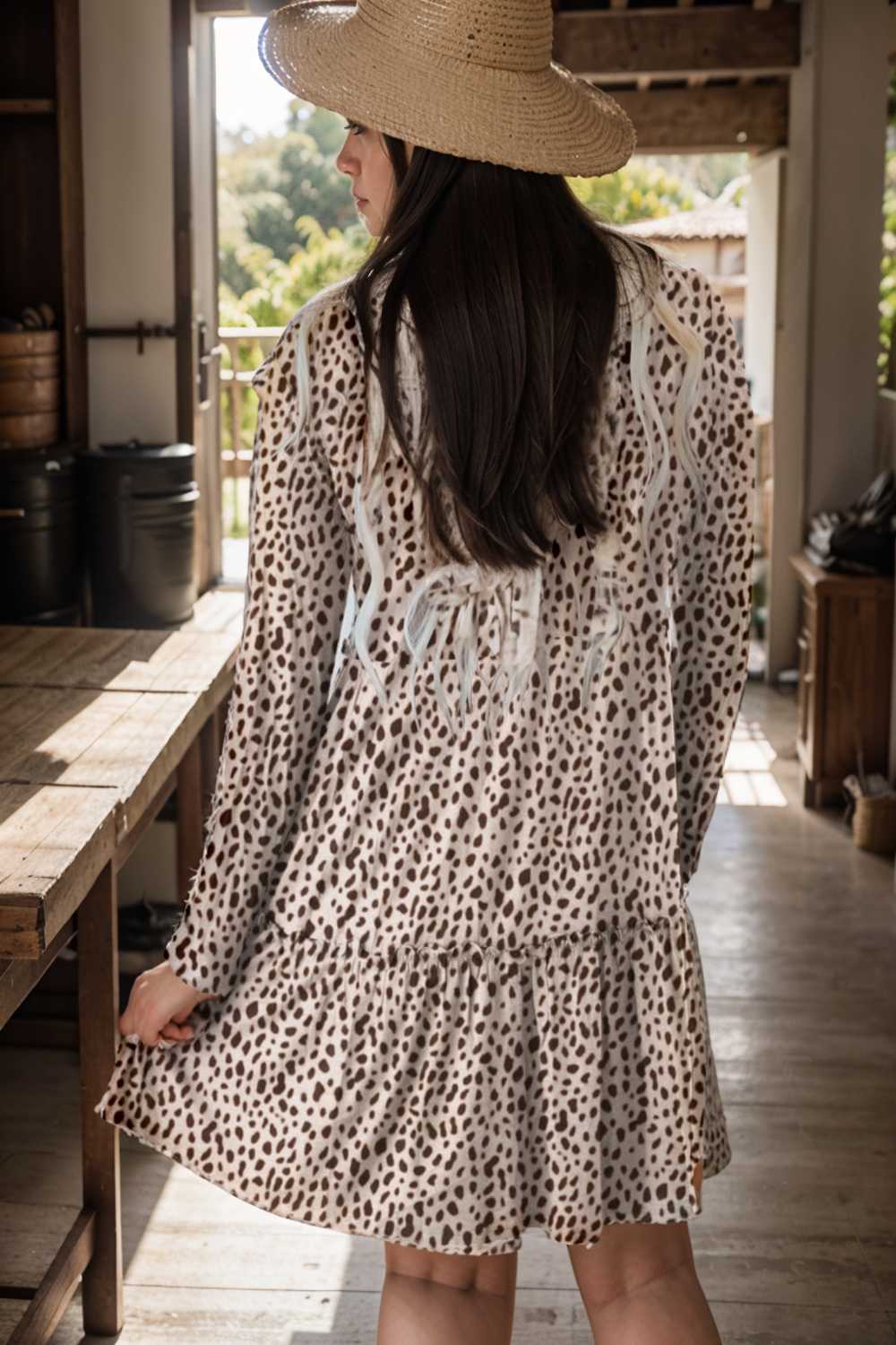 loose leopard print v neck dress drop shoulder a line closed cape paneled 105125
