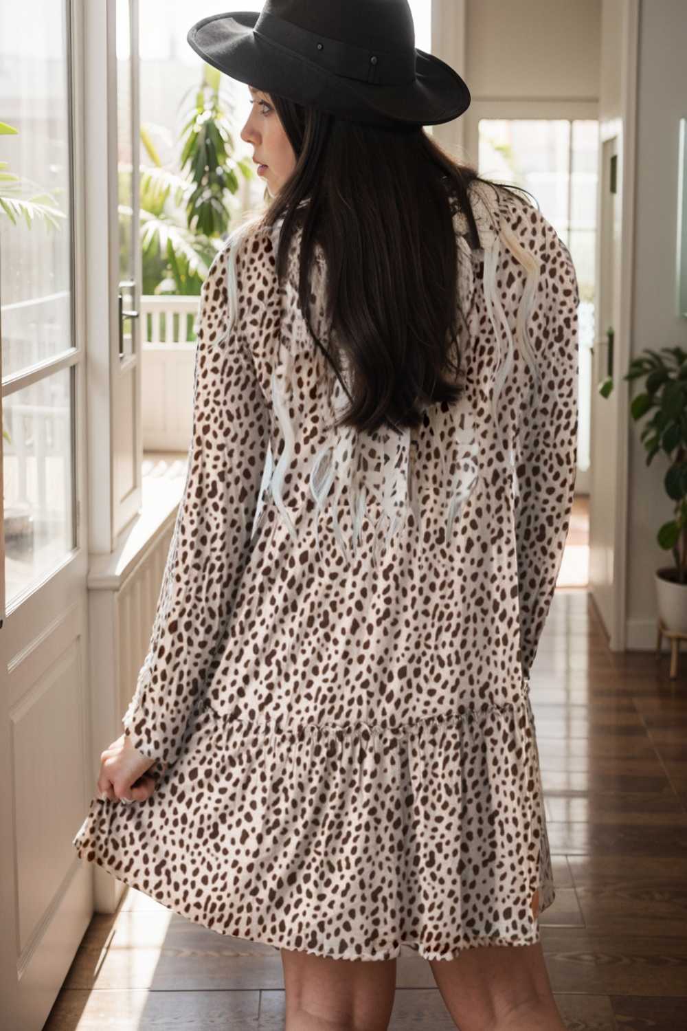 loose leopard print v neck dress drop shoulder a line closed cape paneled 115535