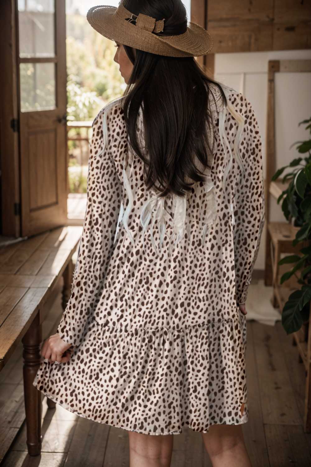 loose leopard print v neck dress drop shoulder a line closed cape paneled 127142