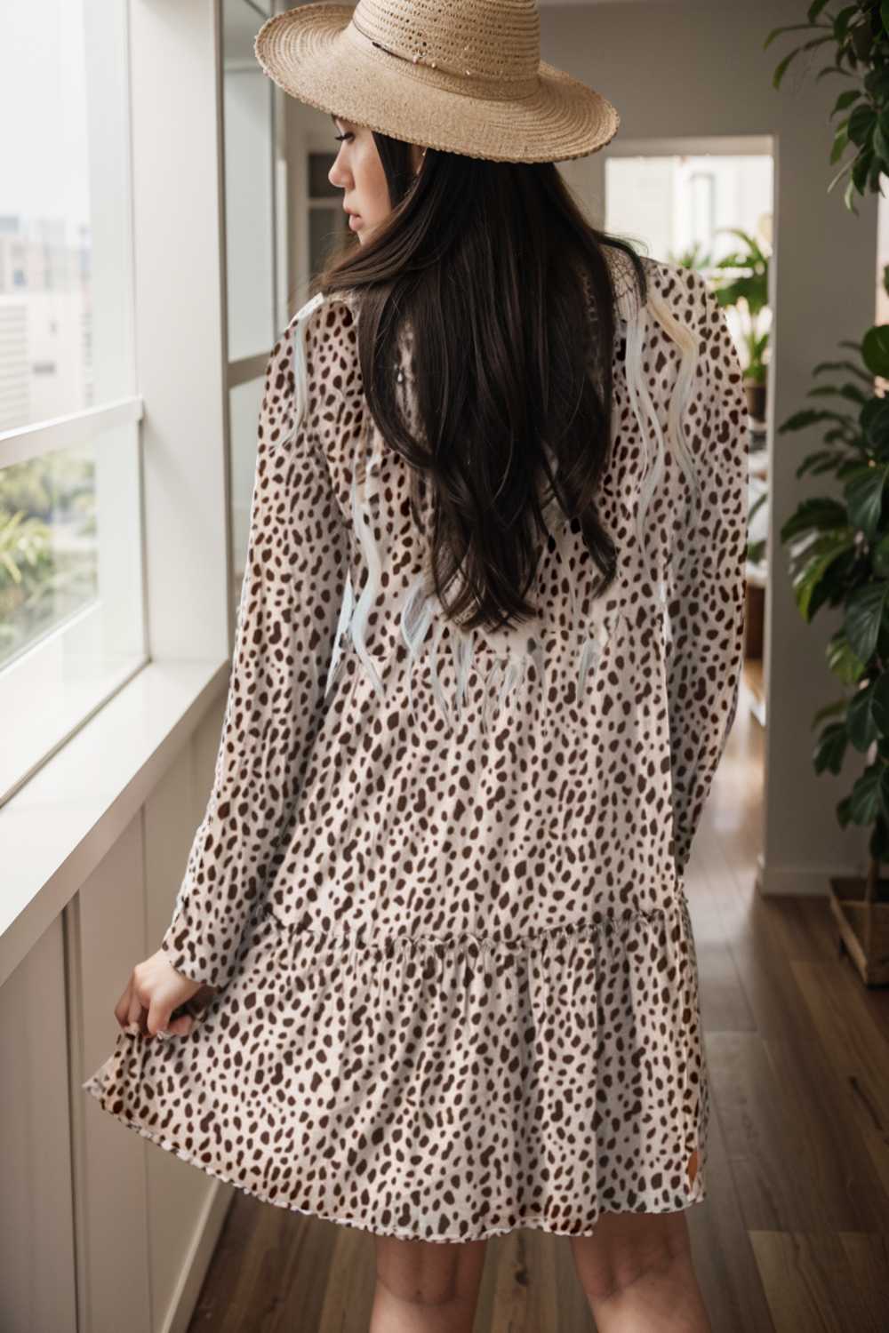 loose leopard print v neck dress drop shoulder a line closed cape paneled 127534
