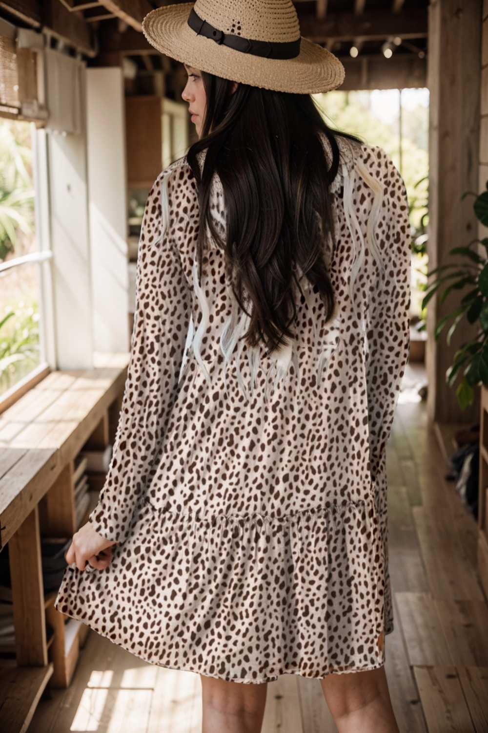 loose leopard print v neck dress drop shoulder a line closed cape paneled 133159