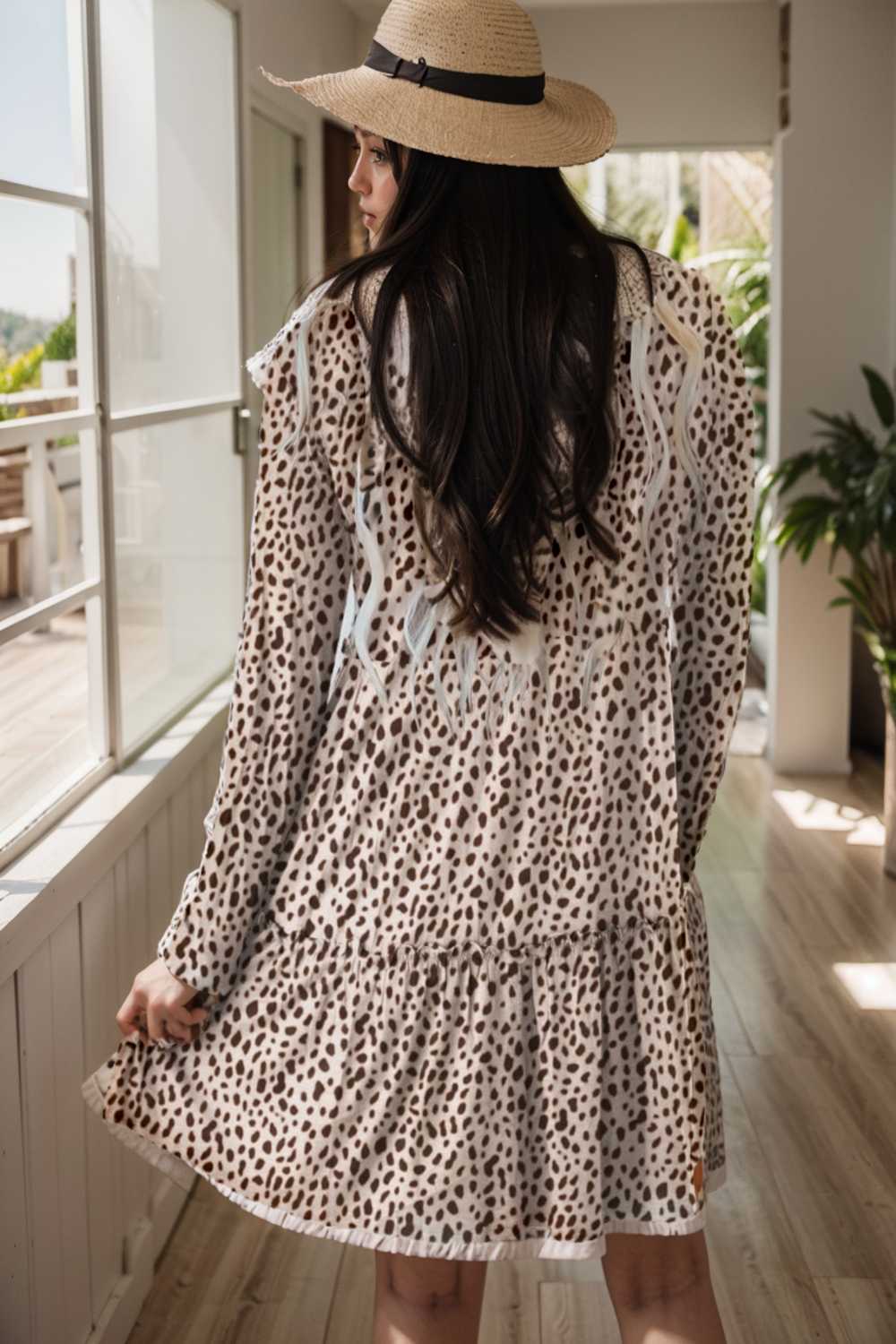 loose leopard print v neck dress drop shoulder a line closed cape paneled 115534