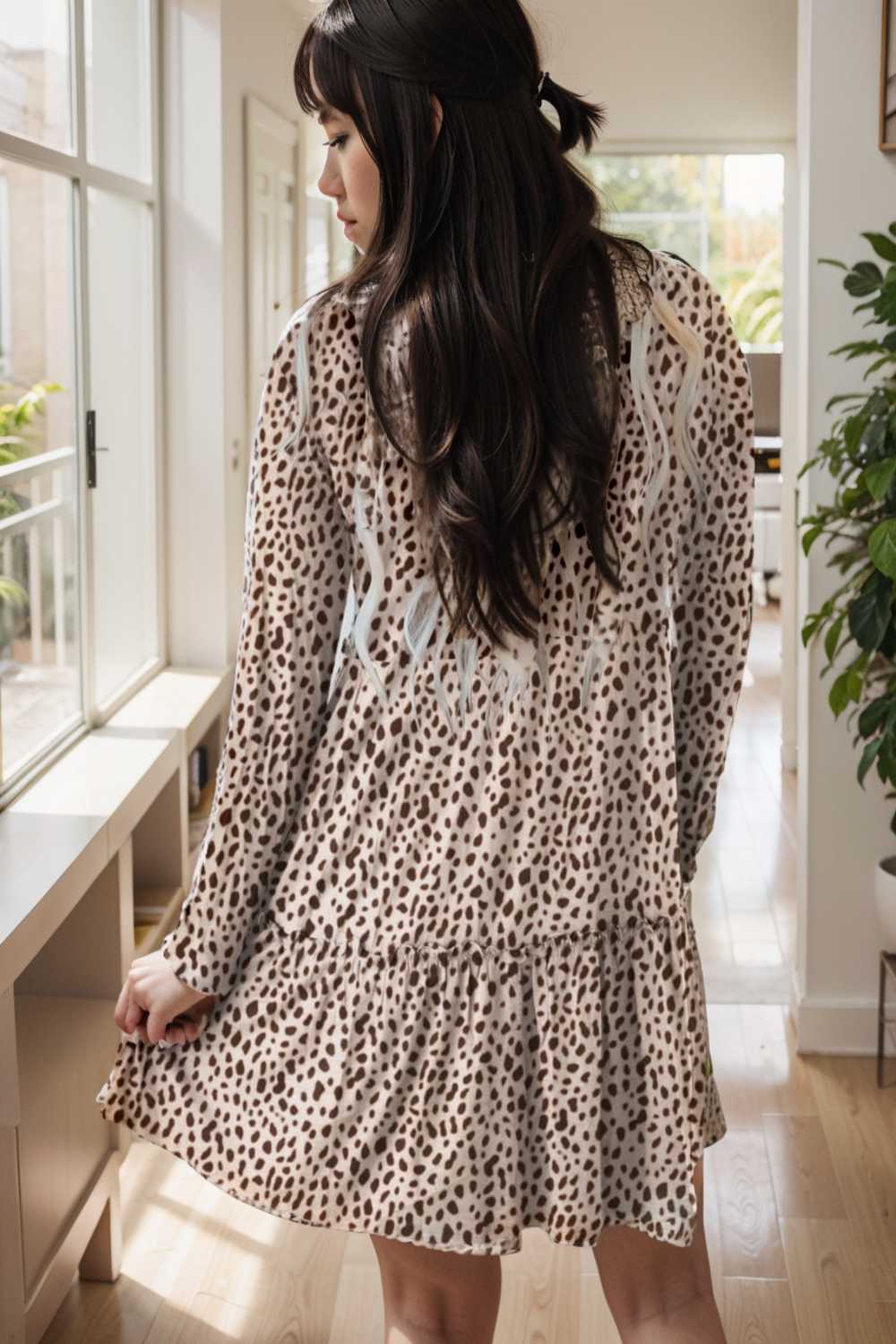 loose leopard print v neck dress drop shoulder a line closed cape paneled 127533