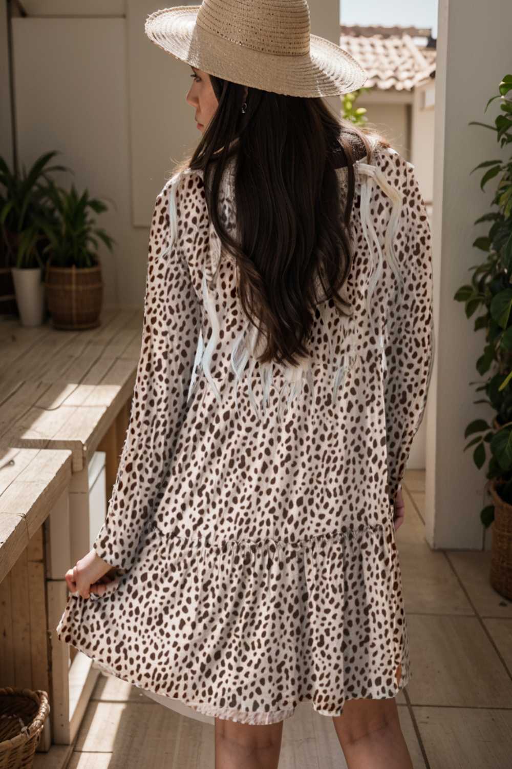 loose leopard print v neck dress drop shoulder a line closed cape paneled 127476