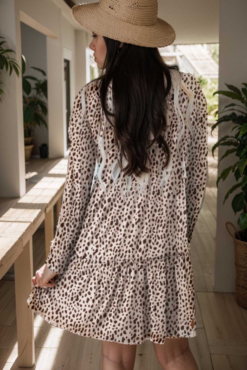 loose leopard print v neck dress drop shoulder a line closed cape paneled 127141