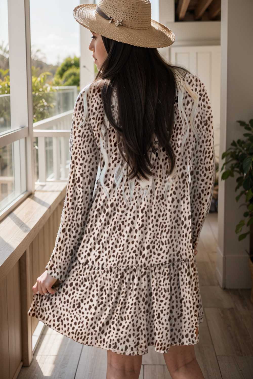 loose leopard print v neck dress drop shoulder a line closed cape paneled 127475