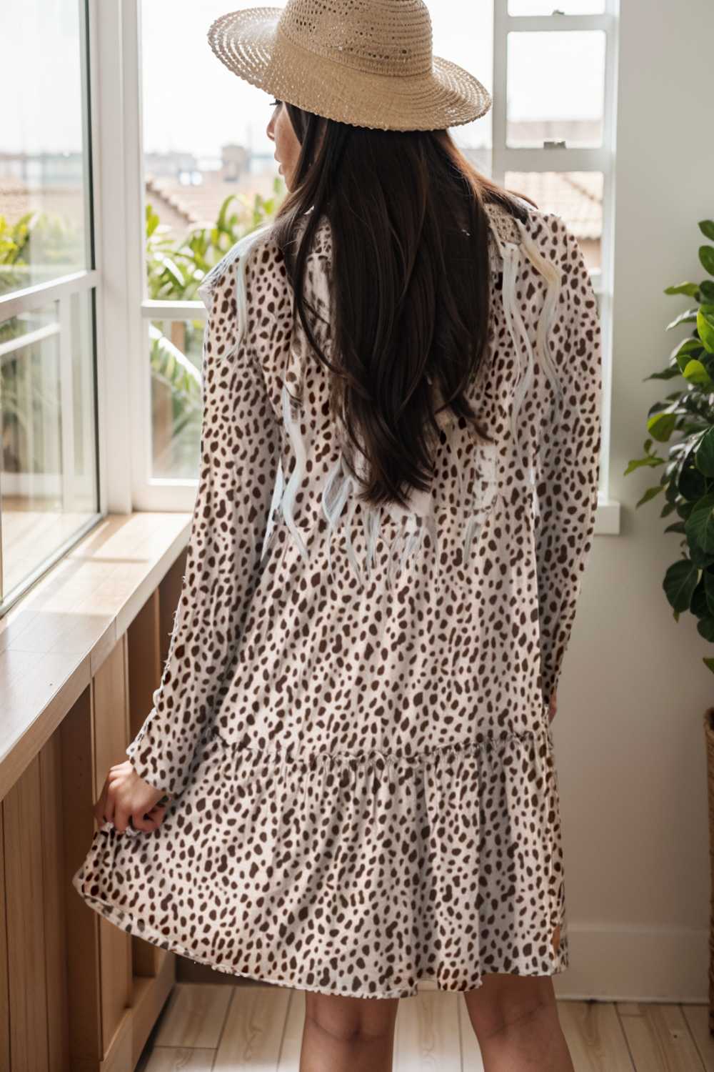 loose leopard print v neck dress drop shoulder a line closed cape paneled 127140