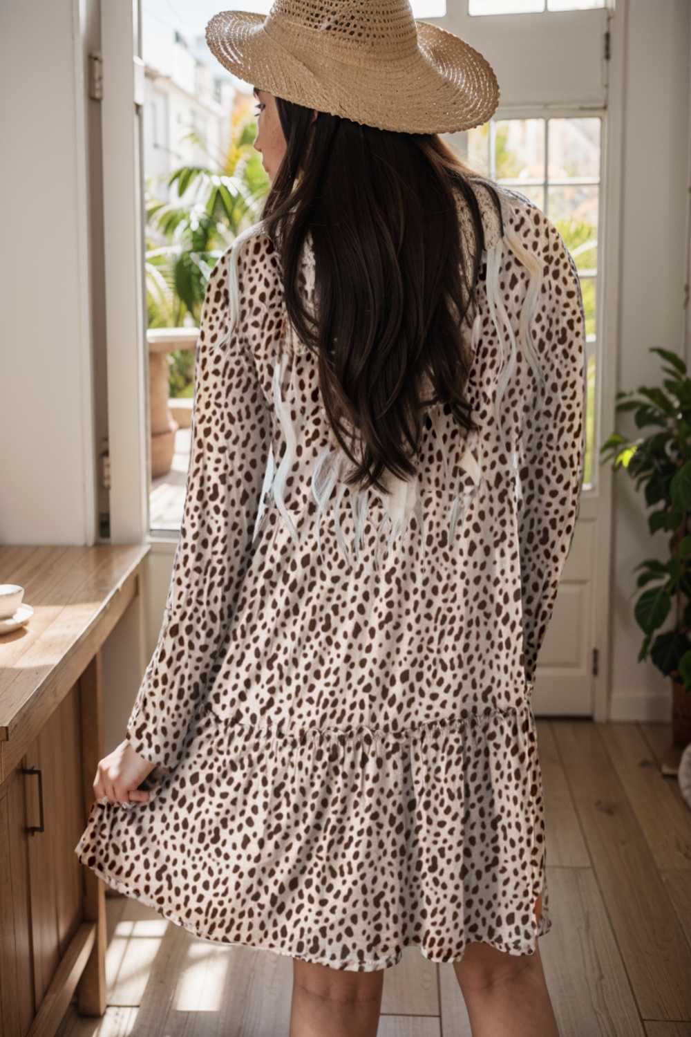 loose leopard print v neck dress drop shoulder a line closed cape paneled 133158