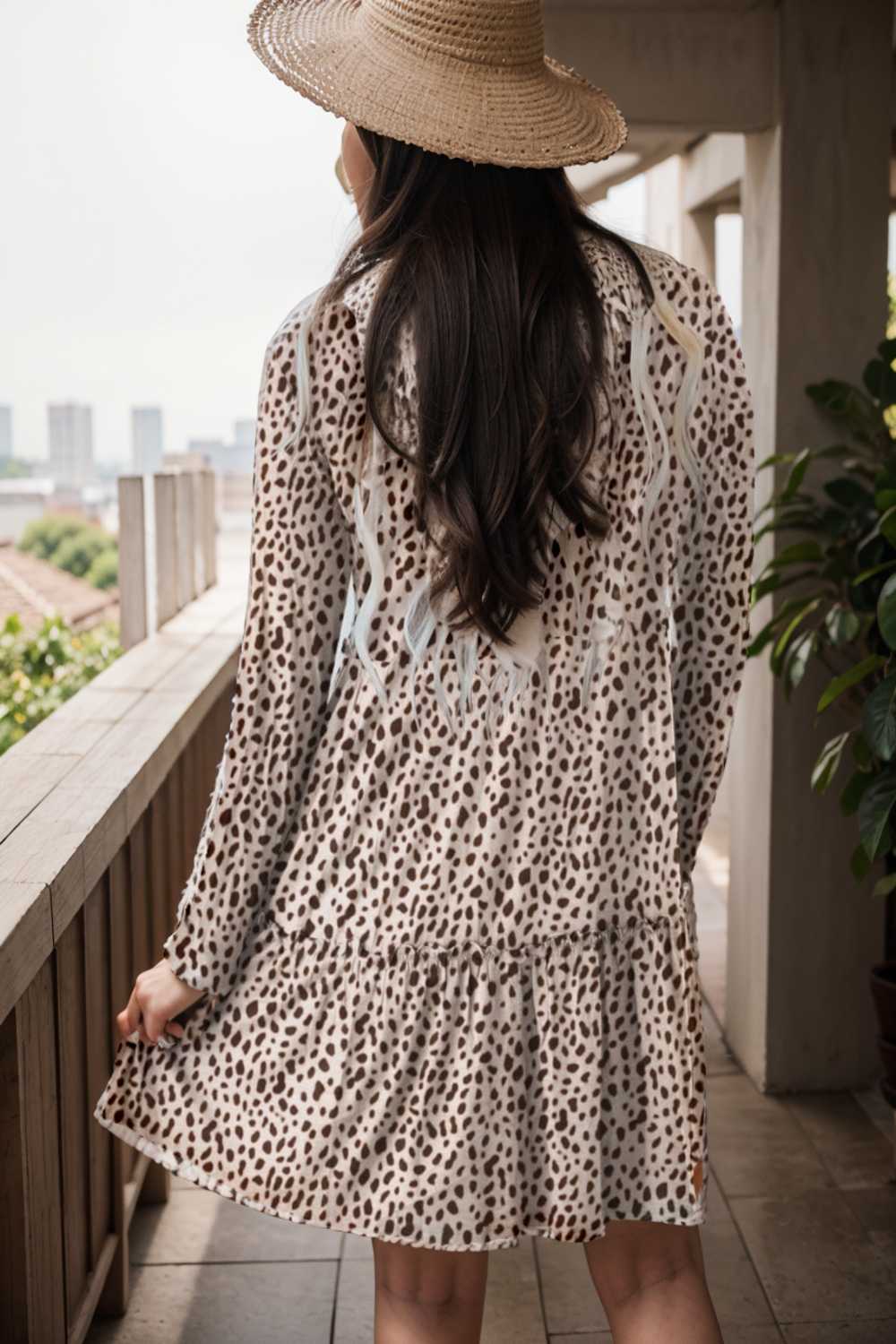loose leopard print v neck dress drop shoulder a line closed cape paneled 115533
