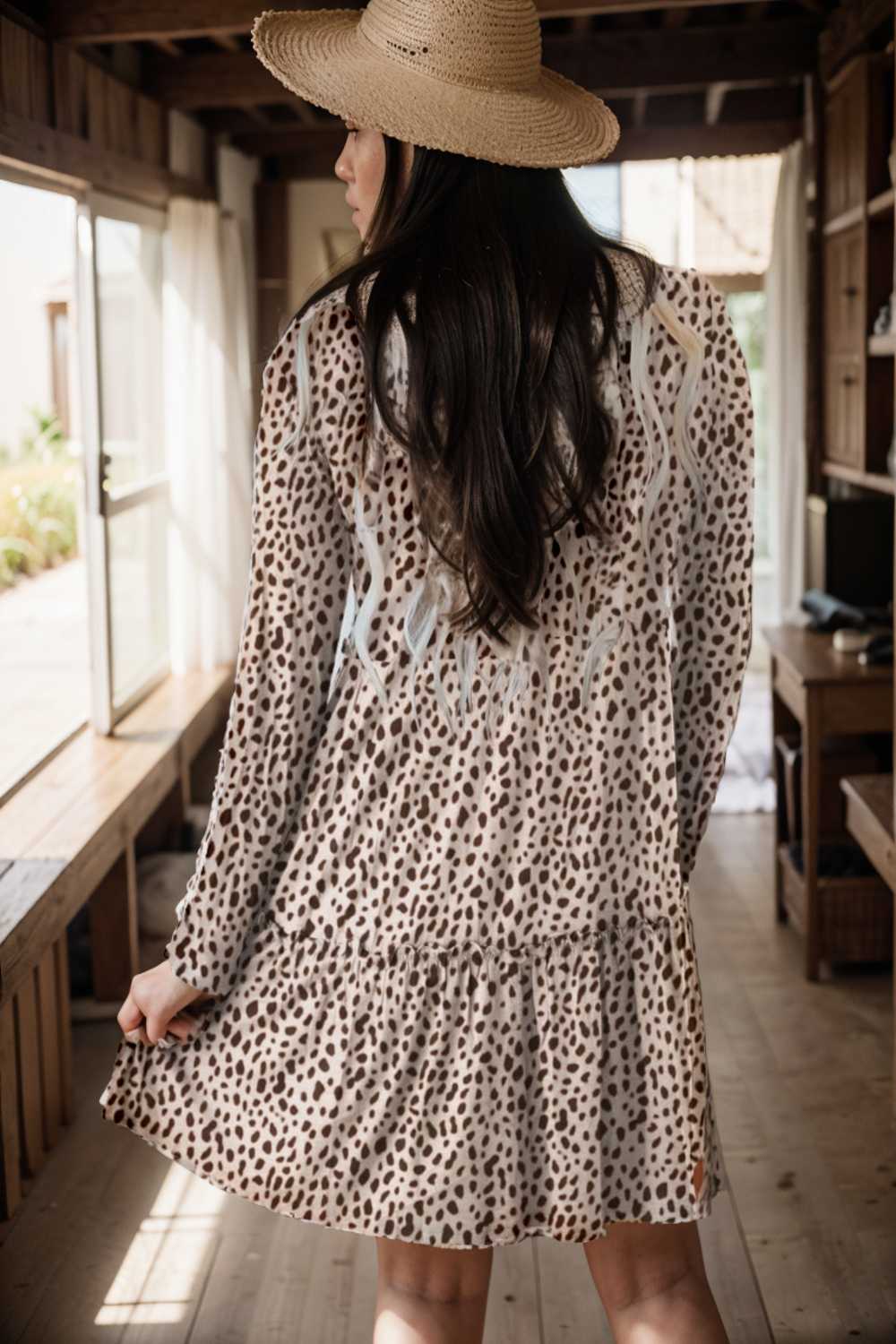 loose leopard print v neck dress drop shoulder a line closed cape paneled 127474