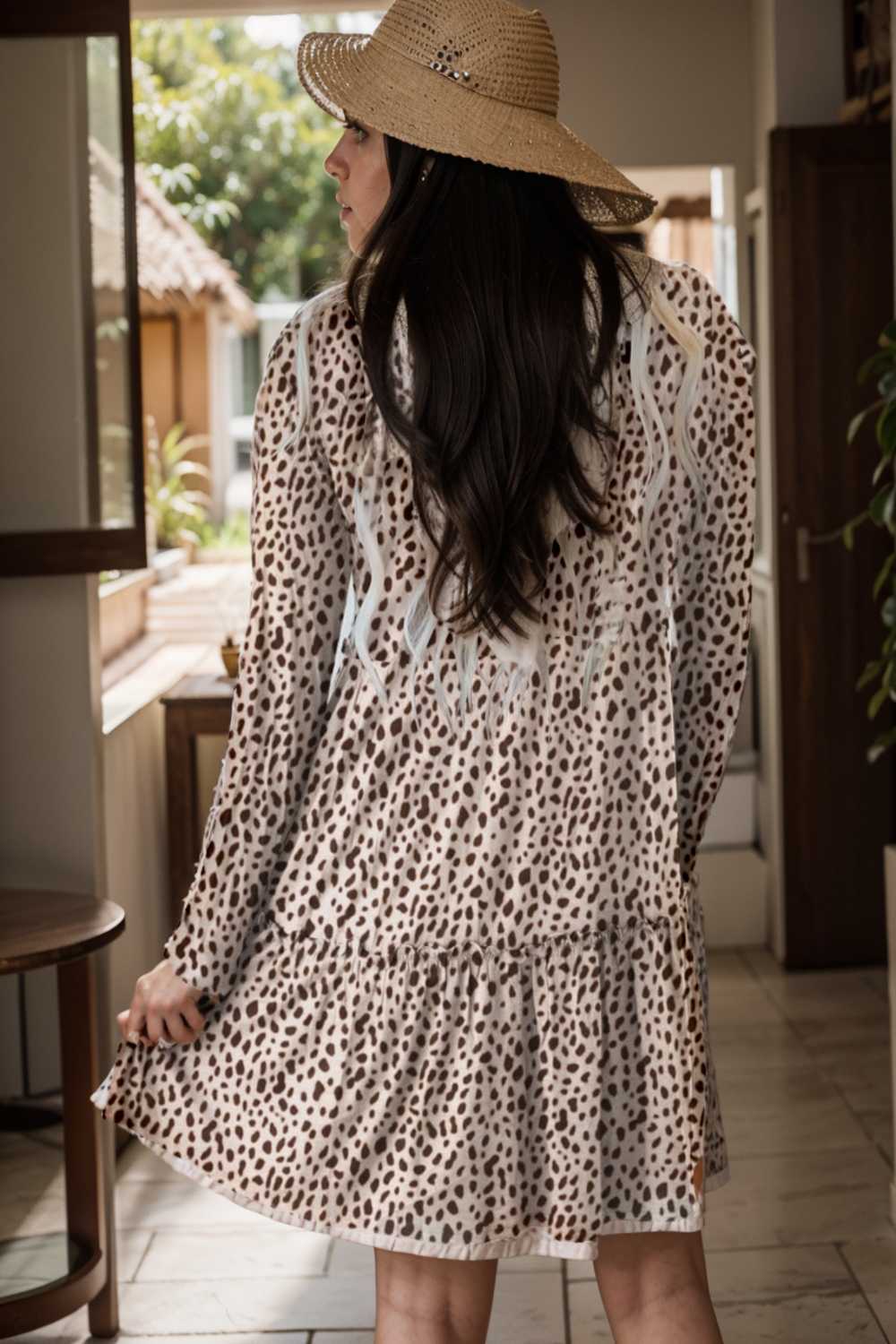 loose leopard print v neck dress drop shoulder a line closed cape paneled 133157