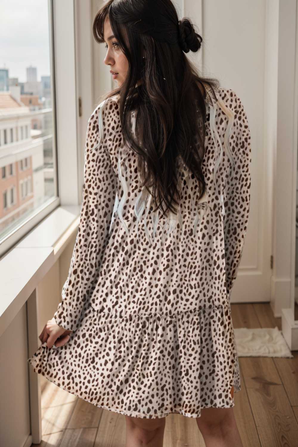 loose leopard print v neck dress drop shoulder a line closed cape paneled 115532