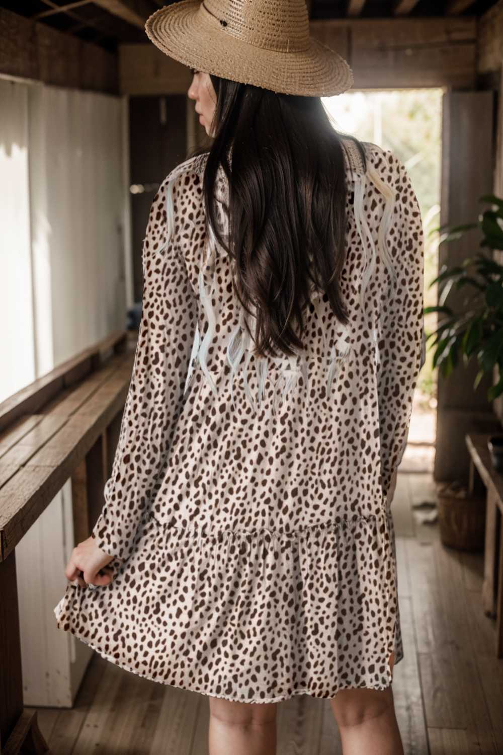 loose leopard print v neck dress drop shoulder a line closed cape paneled 127139