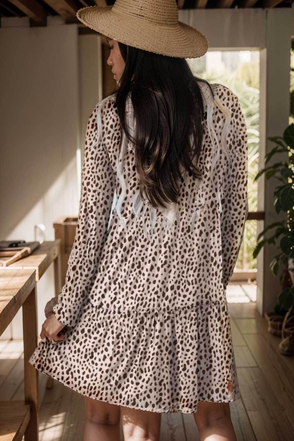 loose leopard print v neck dress drop shoulder a line closed cape paneled 127473