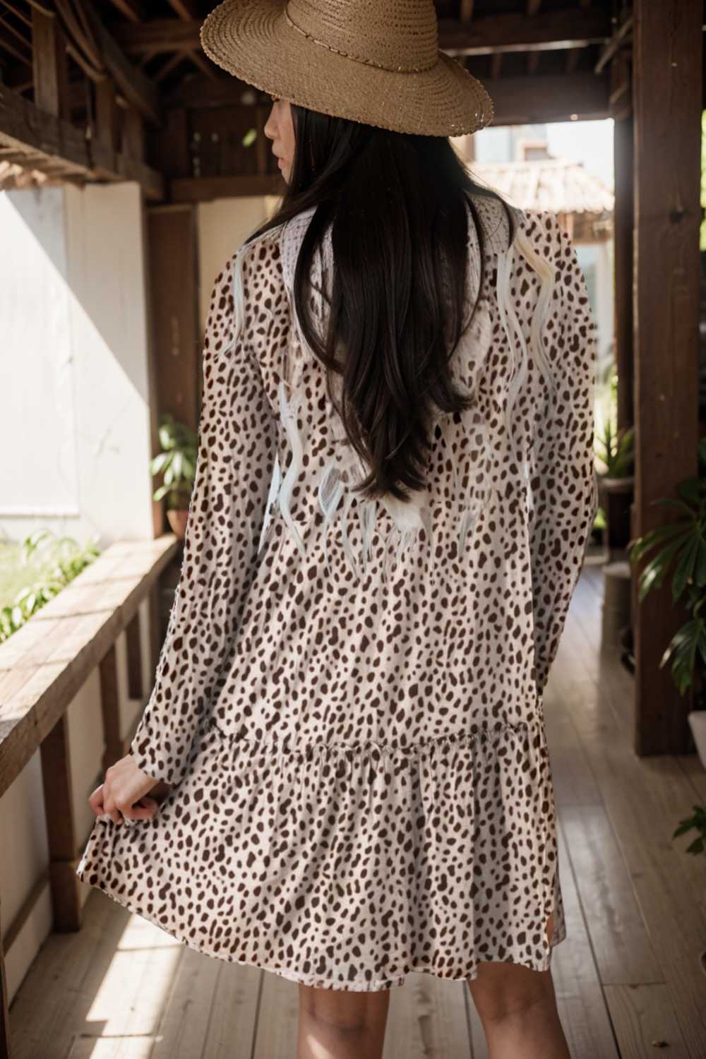 loose leopard print v neck dress drop shoulder a line closed cape paneled 115531