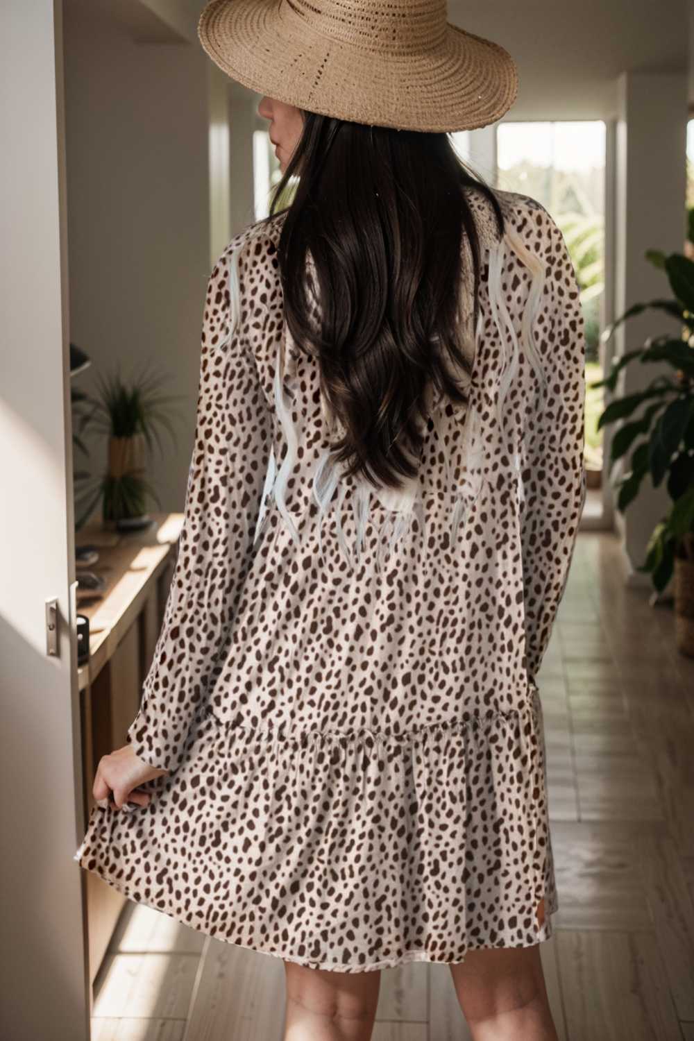 loose leopard print v neck dress drop shoulder a line closed cape paneled 127138