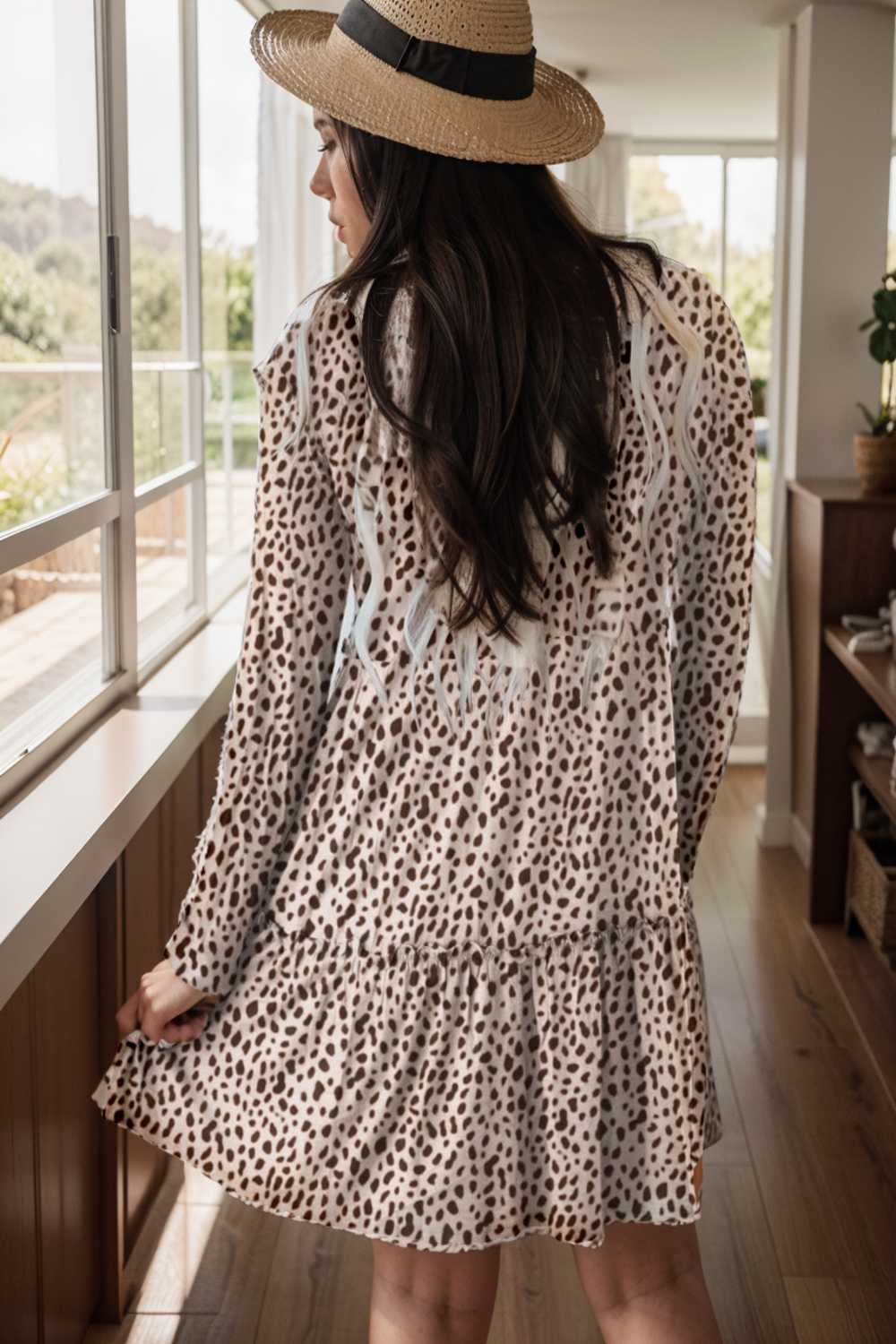 loose leopard print v neck dress drop shoulder a line closed cape paneled 133156