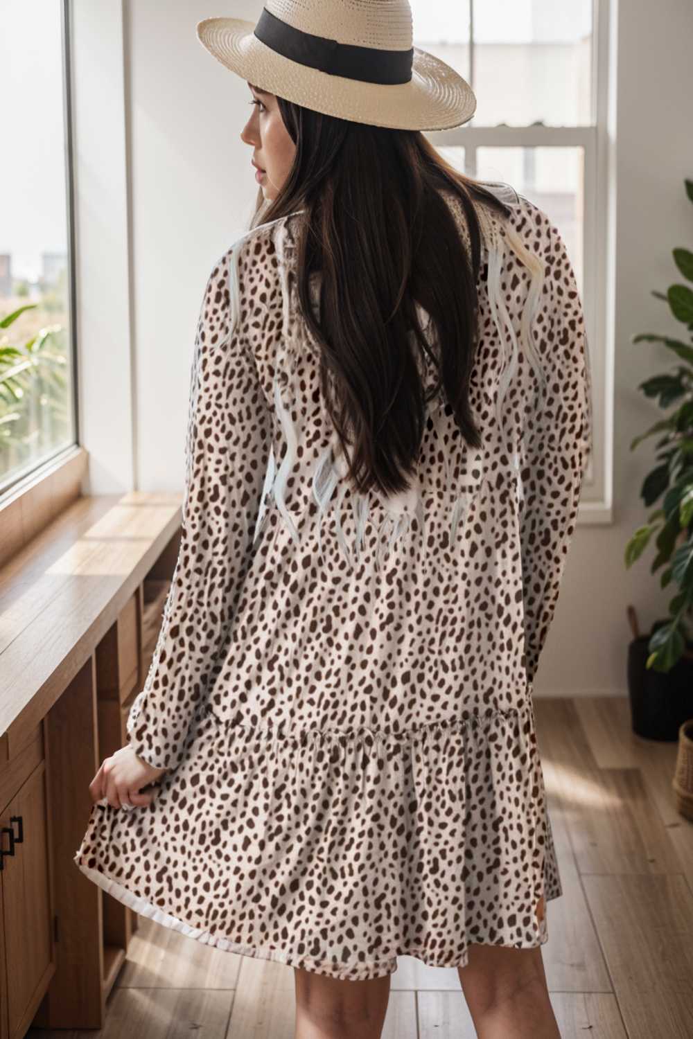 loose leopard print v neck dress drop shoulder a line closed cape paneled 127137