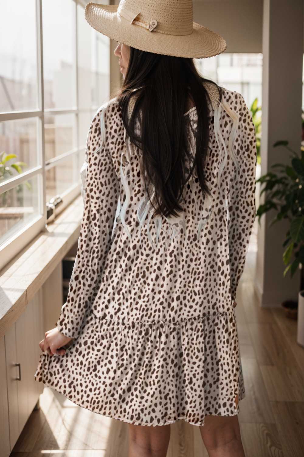 loose leopard print v neck dress drop shoulder a line closed cape paneled 127472