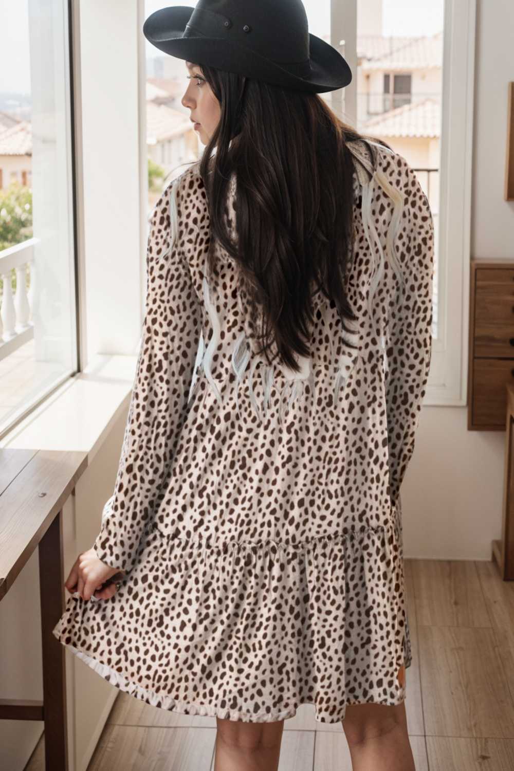 loose leopard print v neck dress drop shoulder a line closed cape paneled 115530