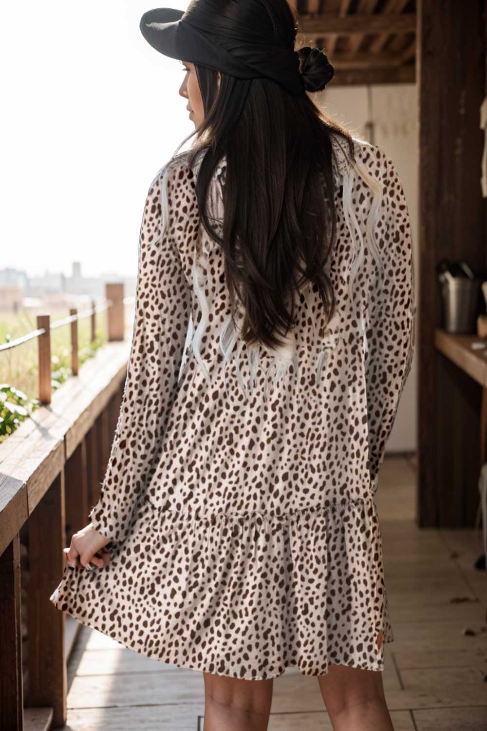 loose leopard print v neck dress drop shoulder a line closed cape paneled 127136