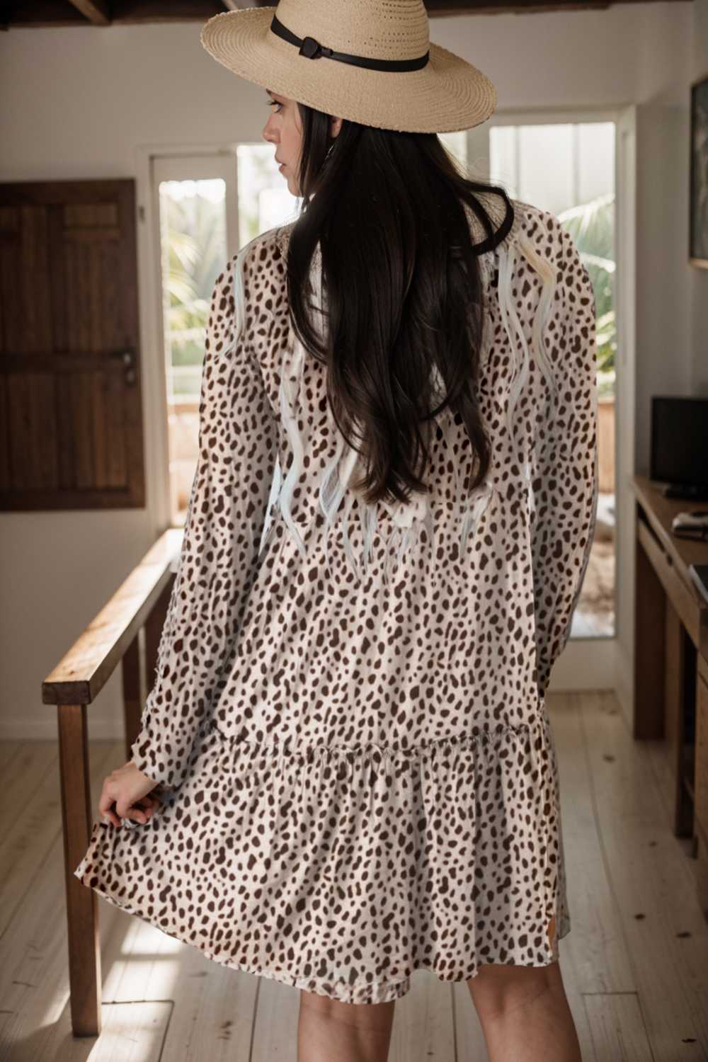loose leopard print v neck dress drop shoulder a line closed cape paneled 115529