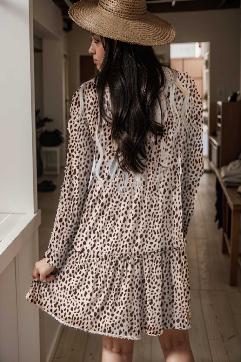 loose leopard print v neck dress drop shoulder a line closed cape paneled 115528