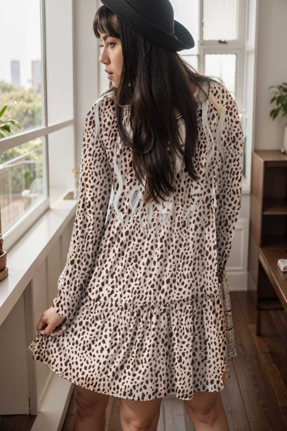 loose leopard print v neck dress drop shoulder a line closed cape paneled 127470