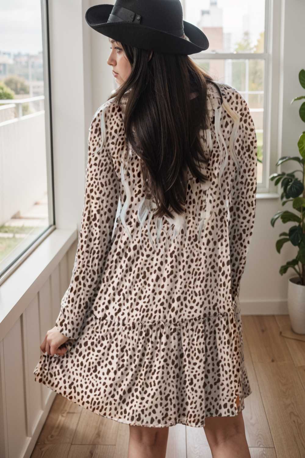 loose leopard print v neck dress drop shoulder a line closed cape paneled 117634