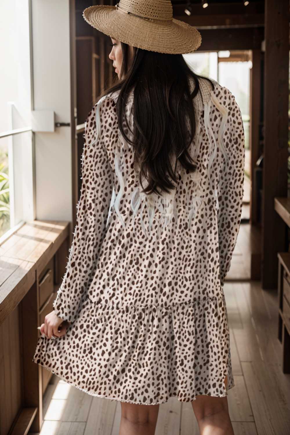 loose leopard print v neck dress drop shoulder a line closed cape paneled 127134