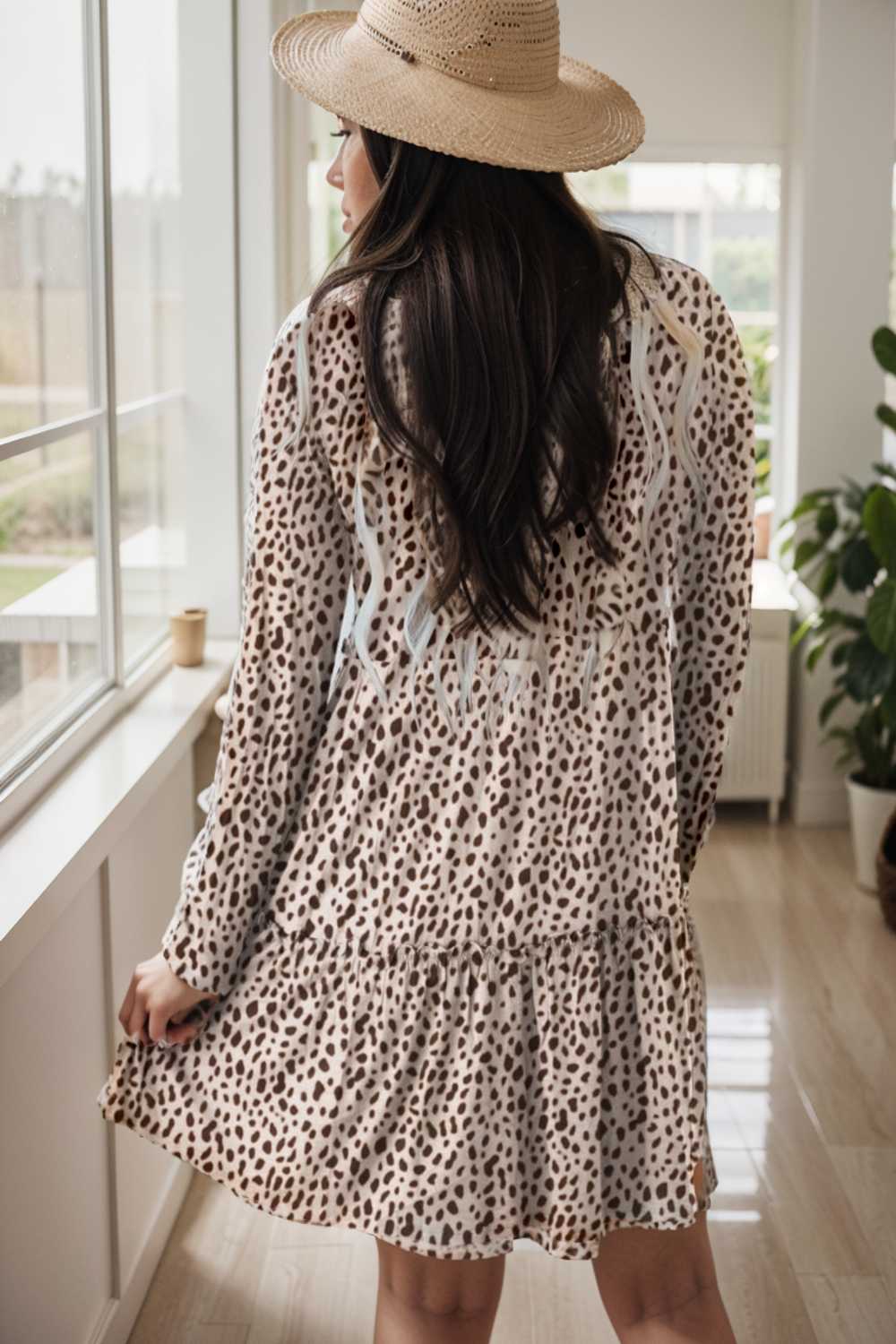 loose leopard print v neck dress drop shoulder a line closed cape paneled 127469