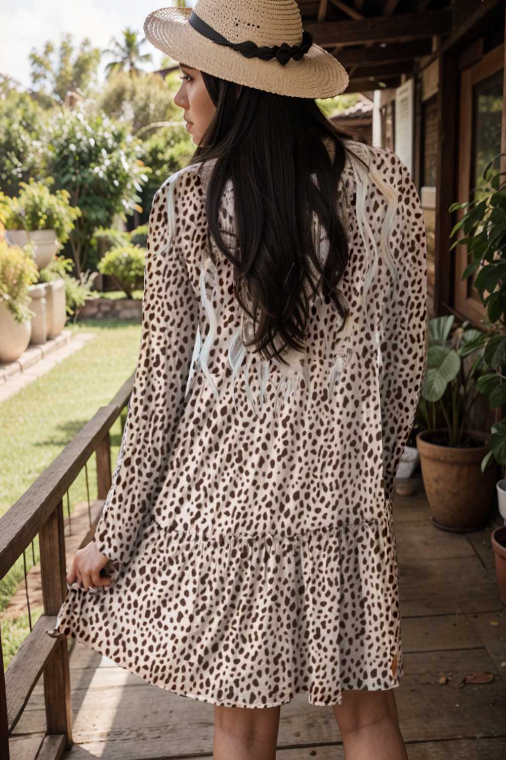 loose leopard print v neck dress drop shoulder a line closed cape paneled 127468