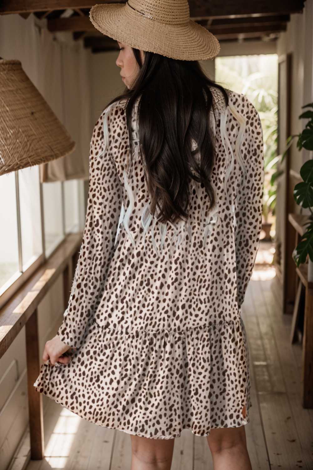 loose leopard print v neck dress drop shoulder a line closed cape paneled 127133