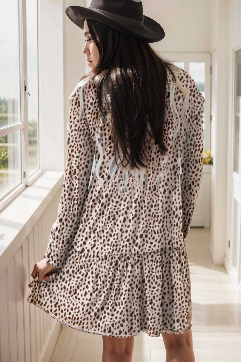 loose leopard print v neck dress drop shoulder a line closed cape paneled 141714
