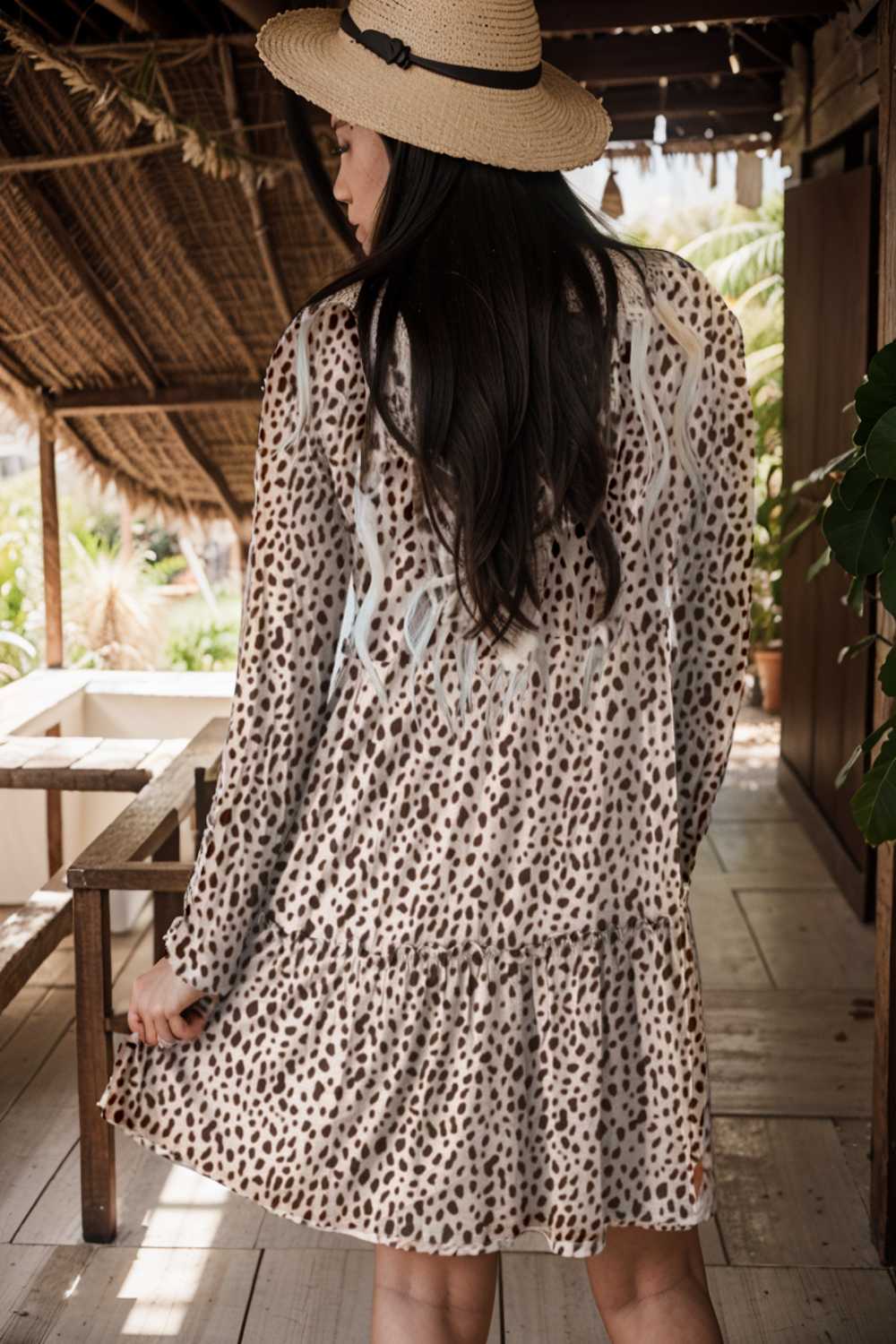 loose leopard print v neck dress drop shoulder a line closed cape paneled 127467